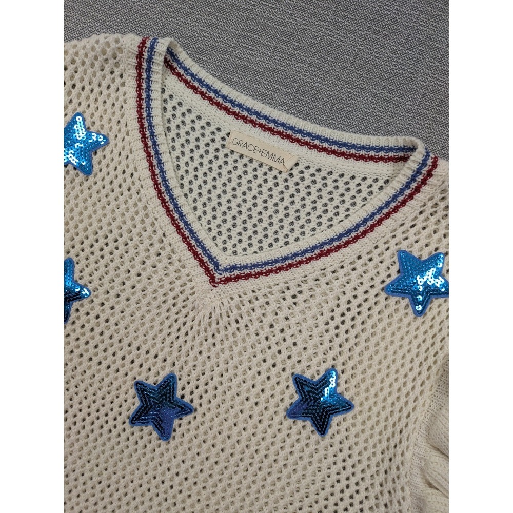 GRACE+EMMA Sweater Womens 3XL White Sleeveless Open Knit Sequin Stars Patriotic